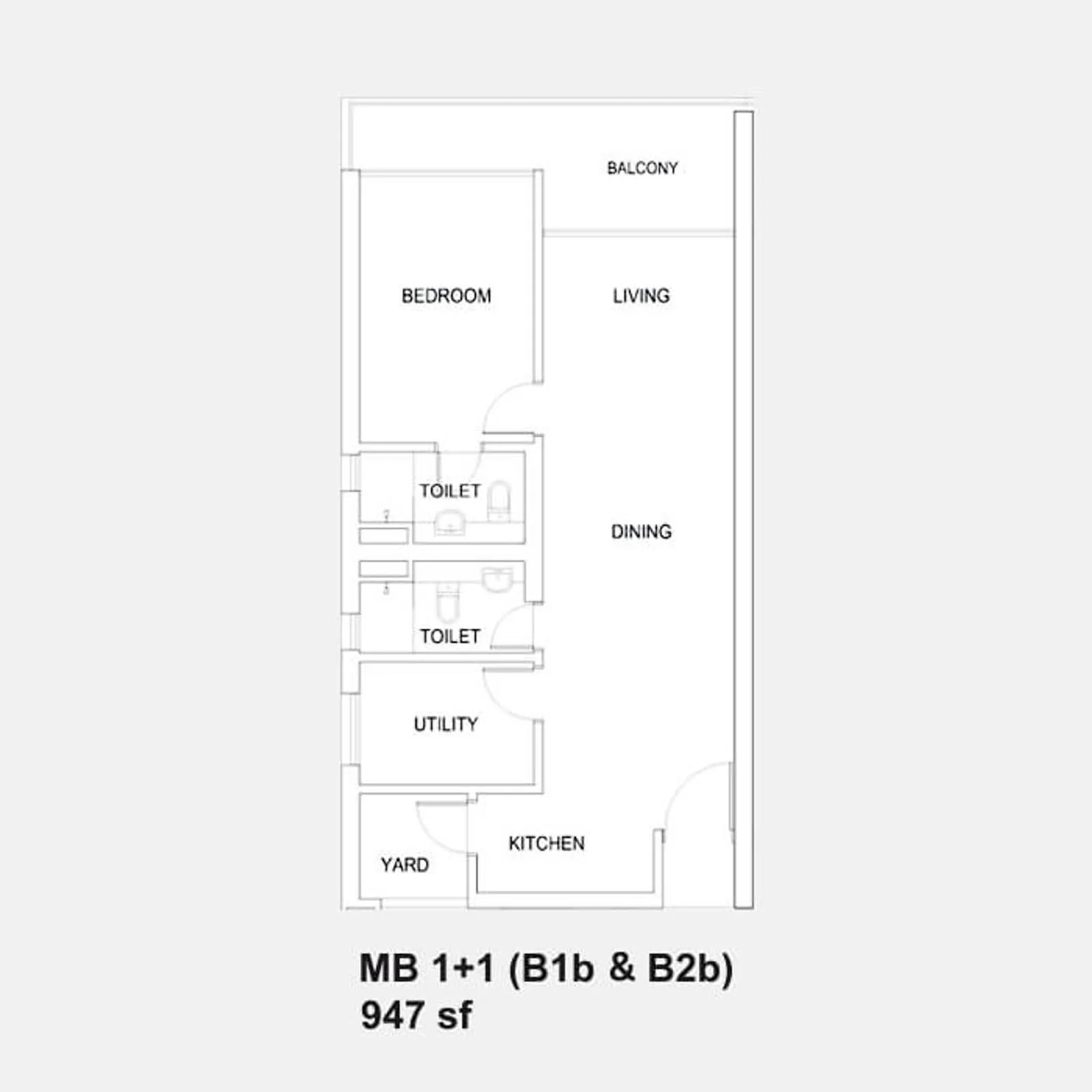 Setia Sky88 MB 1+1 (B1b & B2b) official floor plan — 947 sq ft · 1+1 bed 2 bath with balcony
