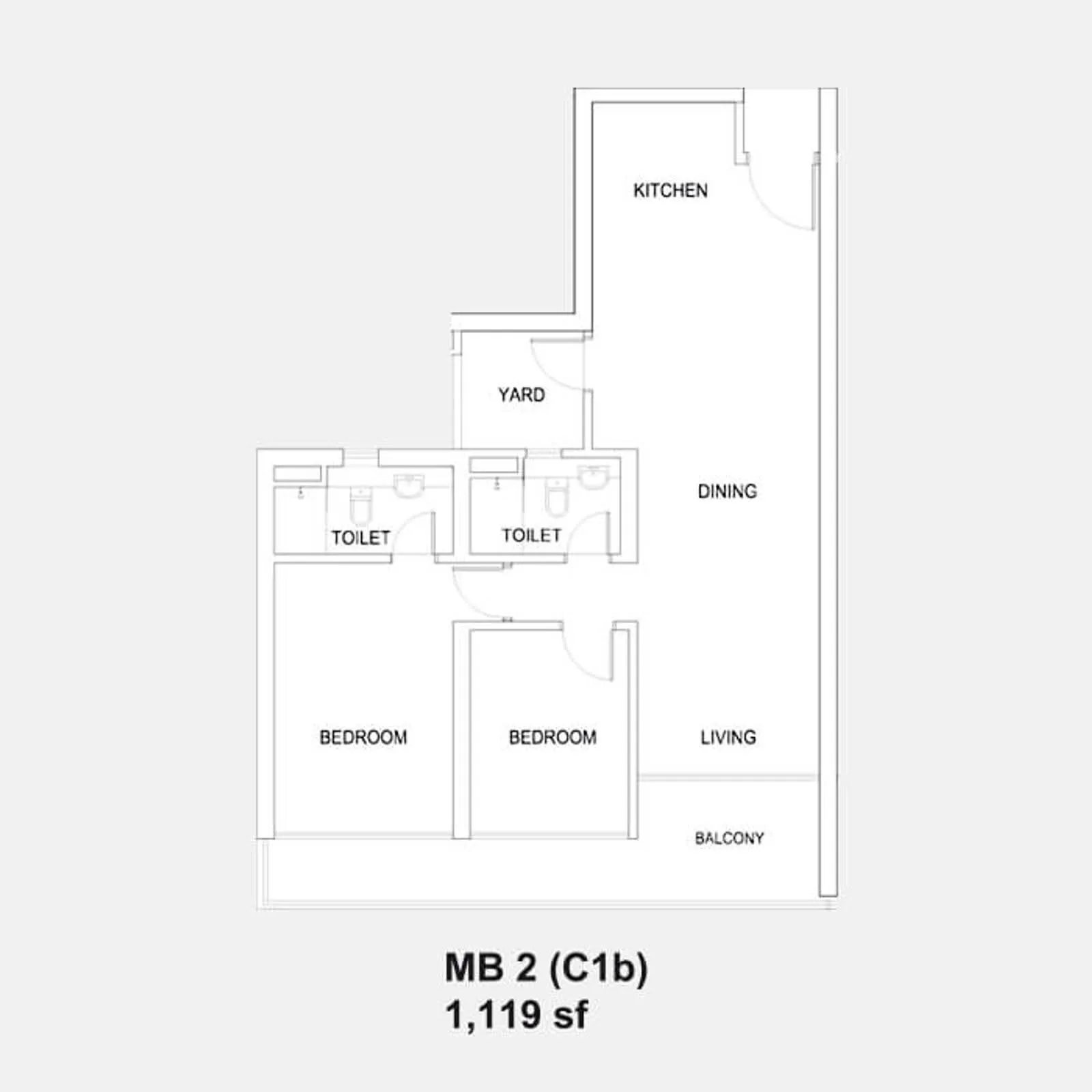 Setia Sky88 MB 2 (C1b) official floor plan — 1,119 sq ft · 2 bed 2 bath with balcony