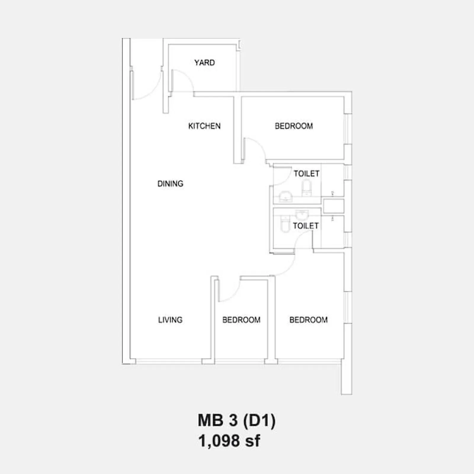Setia Sky88 MB 3 (D1) official floor plan — 1,098 sq ft · 3 bed 2 bath