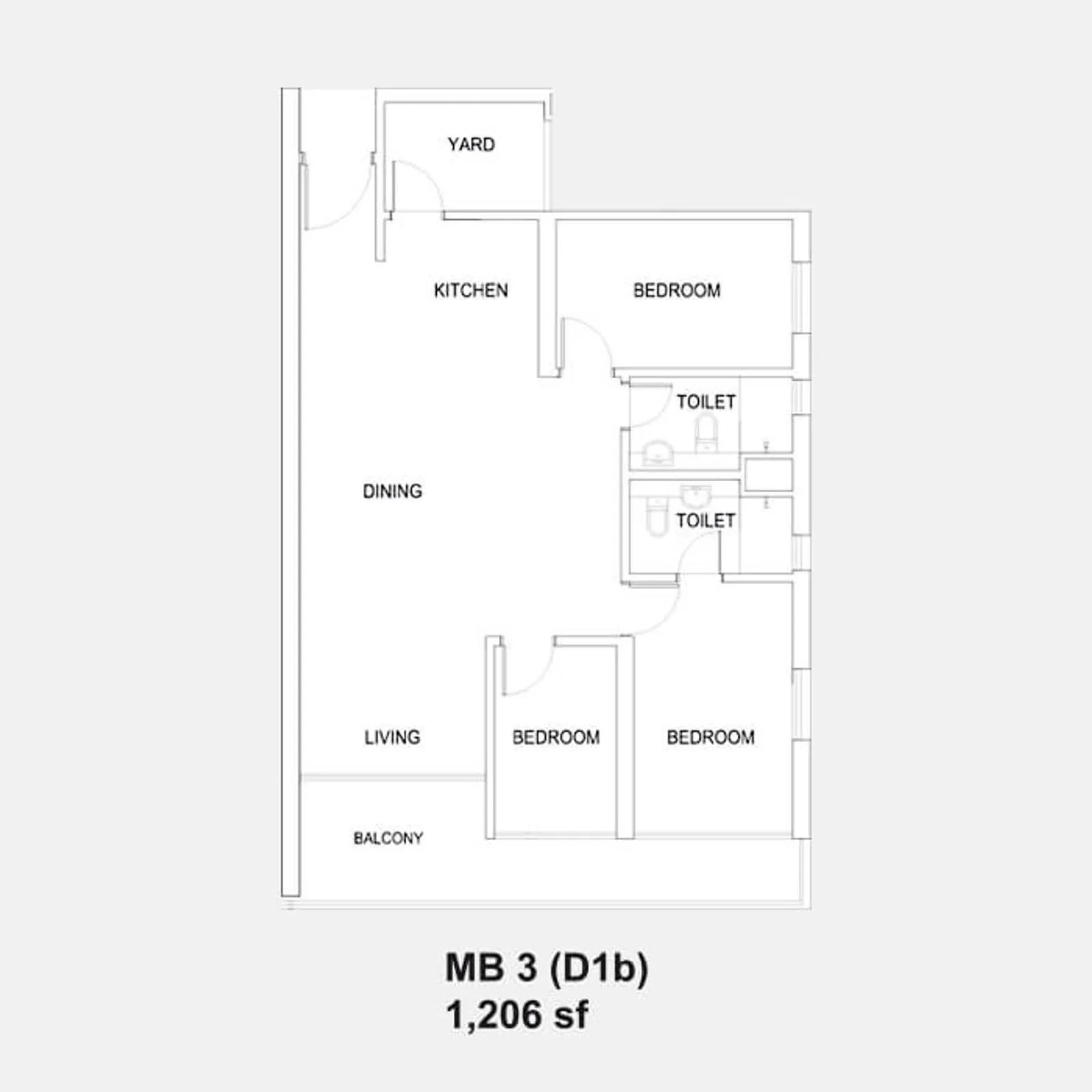 Setia Sky88 MB 3 (D1b) official floor plan — 1,206 sq ft · 3 bed 2 bath with balcony