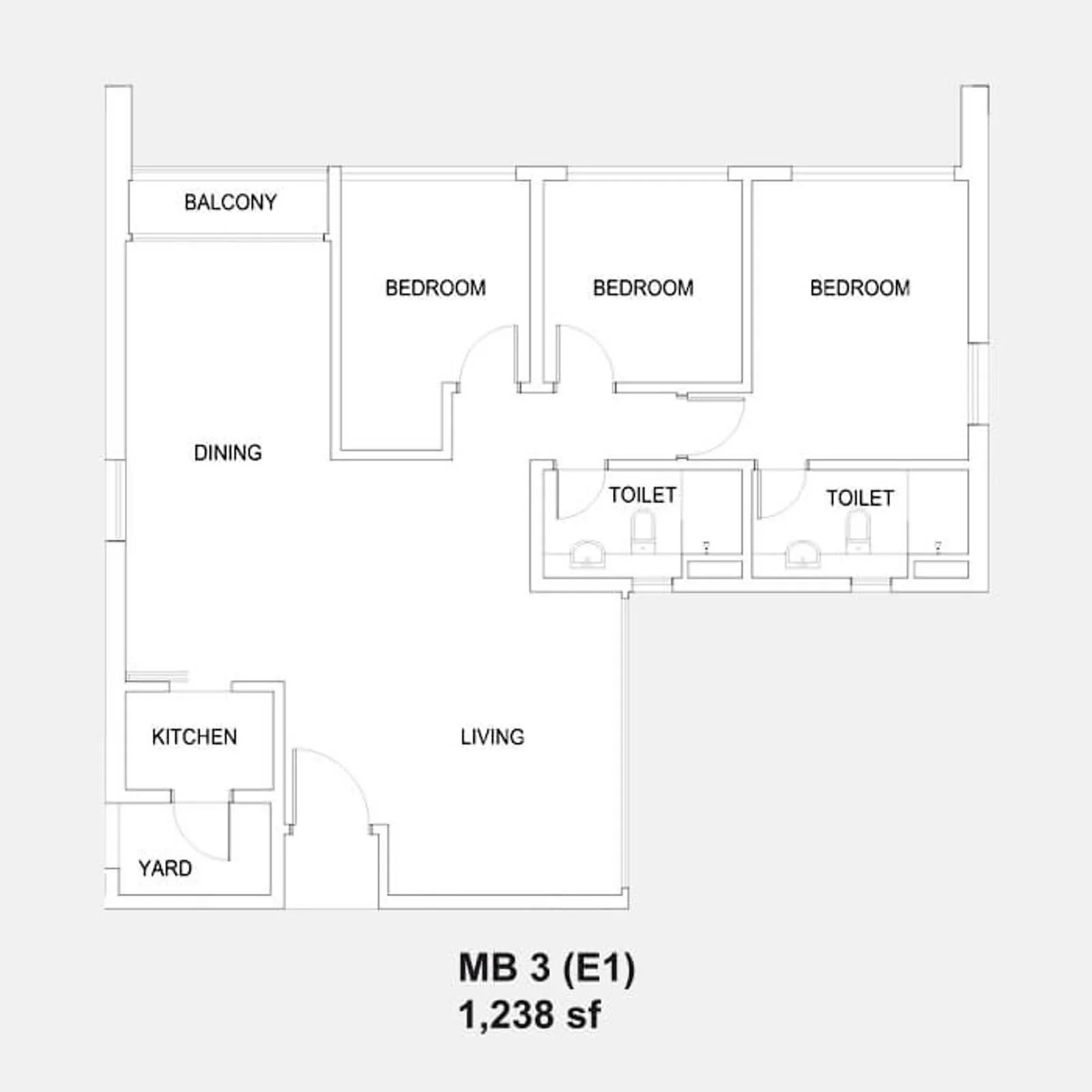 Setia Sky88 MB 3 (E1) official floor plan — 1,238 sq ft · 3 bed 2 bath