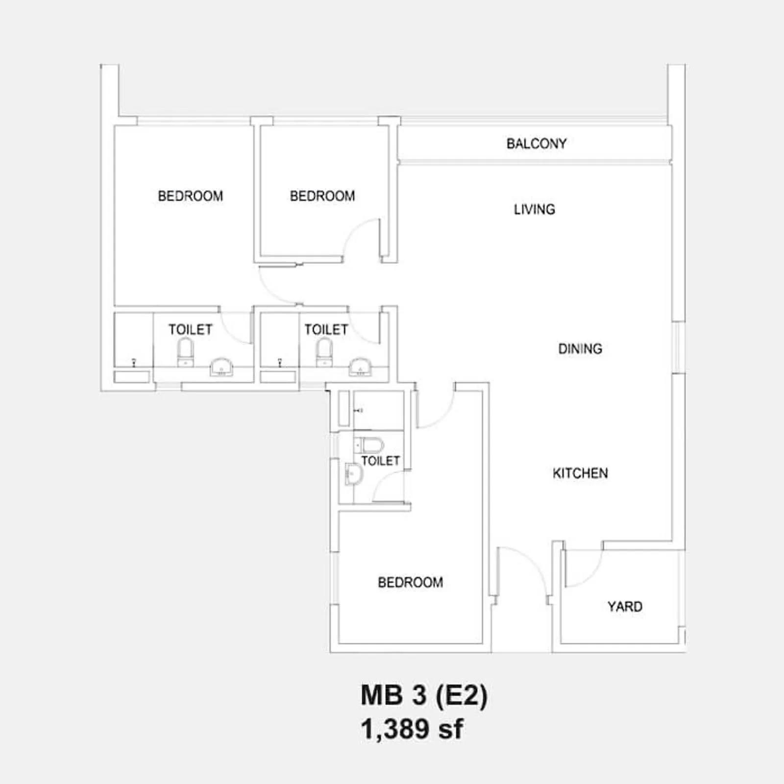 Setia Sky88 MB 3 (E2) official floor plan — 1,389 sq ft · 3 bed 3 bath