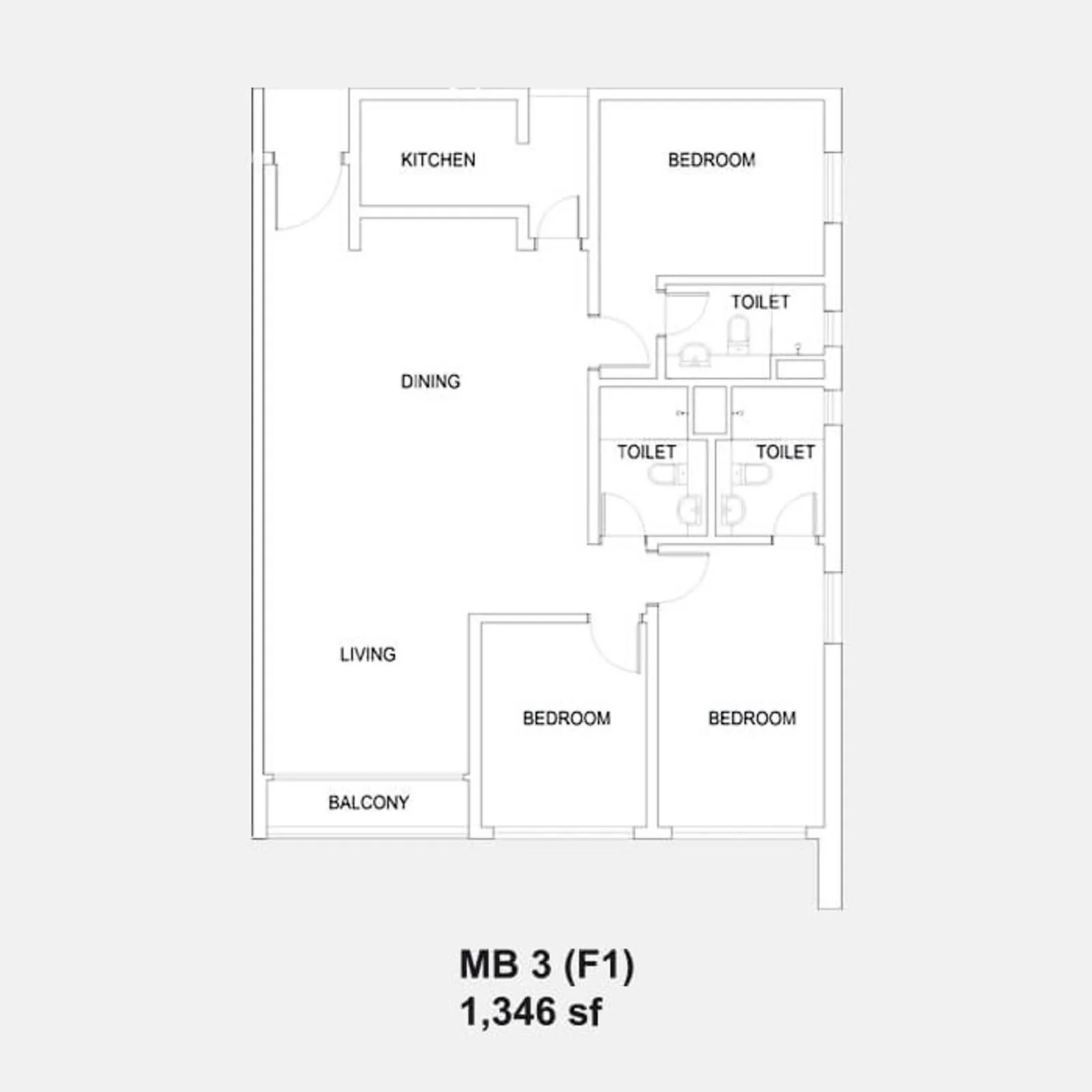 Setia Sky88 MB 3 (F1) official floor plan — 1,346 sq ft · 3 bed 3 bath