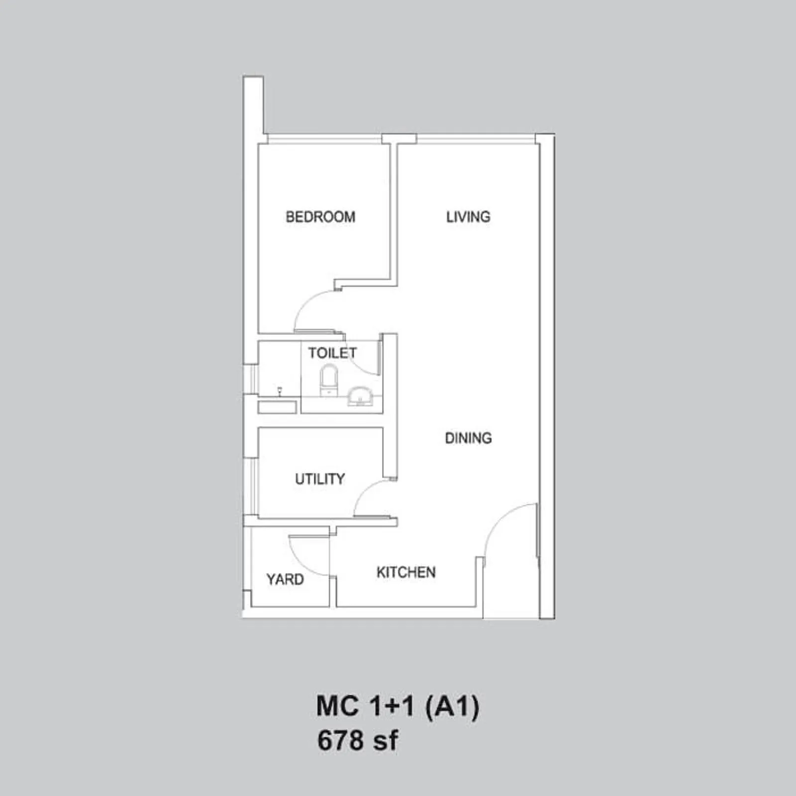 Setia Sky88 MC 1+1 (A1) official floor plan — 678 sq ft · 1+1 bed 1 bath