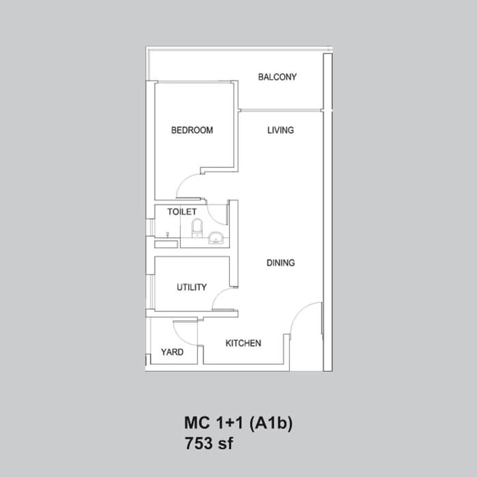 Setia Sky88 MC 1+1 (A1b) official floor plan — 753 sq ft · 1+1 bed 1 bath with balcony
