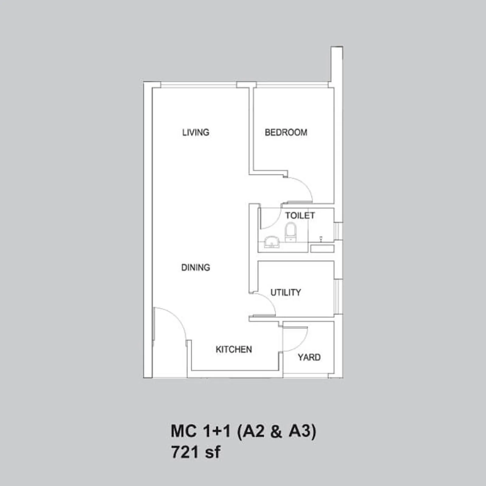Setia Sky88 MC 1+1 (A2 & A3) official floor plan — 721 sq ft · 1+1 bed 1 bath