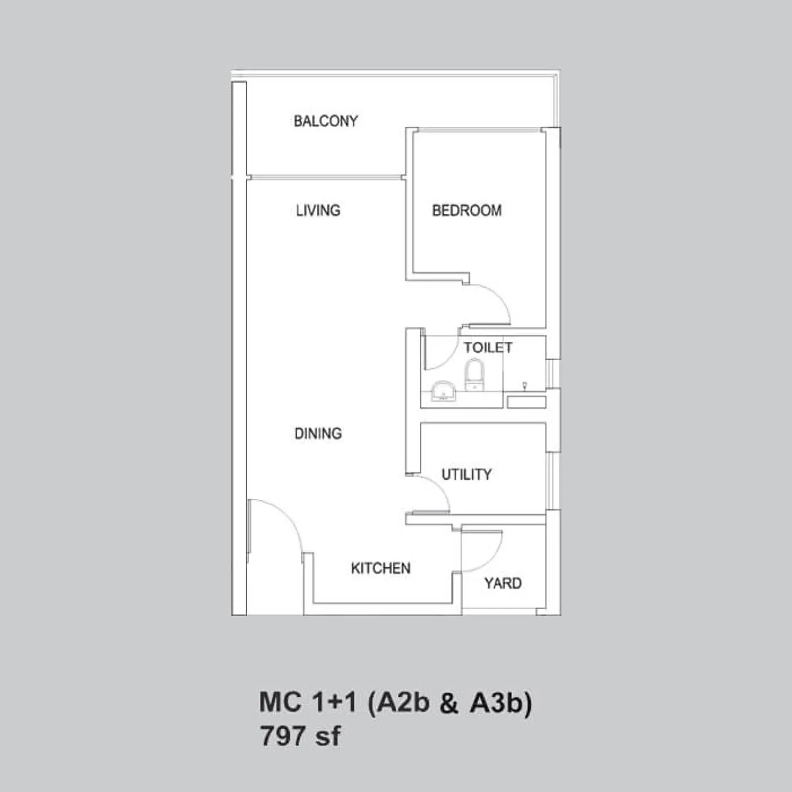 Setia Sky88 MC 1+1 (A2b & A3b) official floor plan — 797 sq ft · 1+1 bed 1 bath with balcony