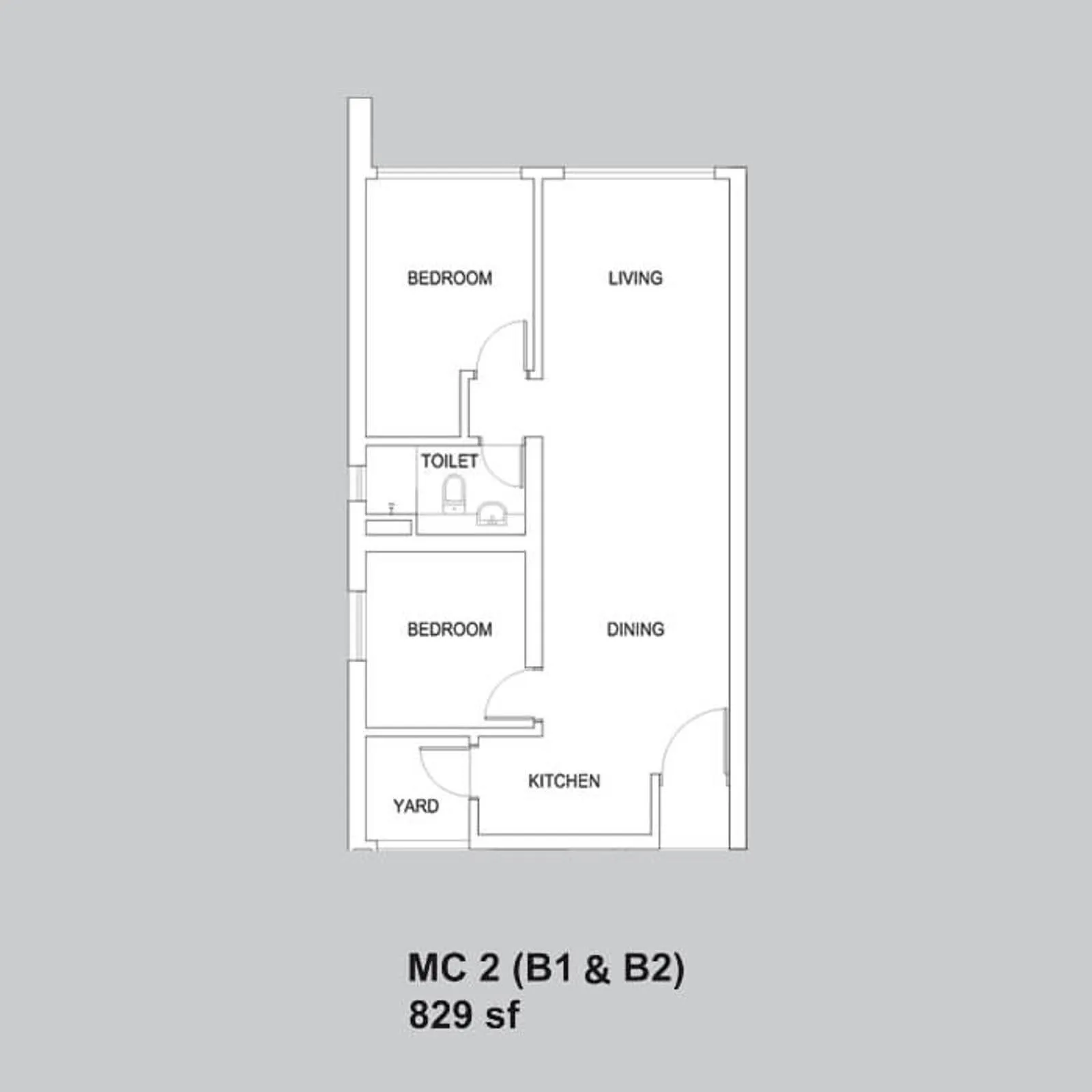 Setia Sky88 MC 2 (B1 & B2) official floor plan — 829 sq ft · 2 bed 1 bath