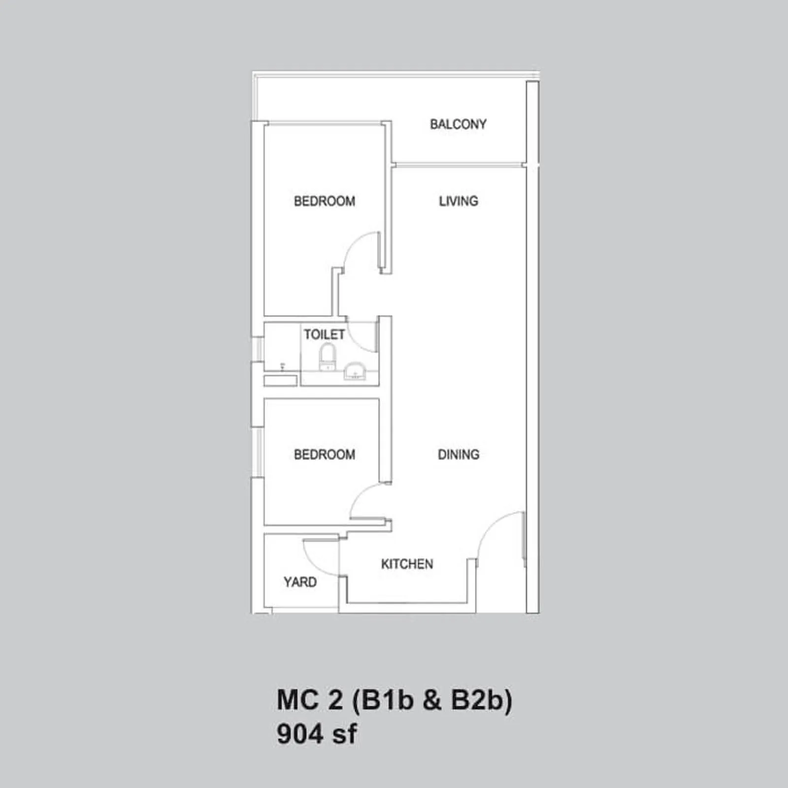 Setia Sky88 MC 2 (B1b & B2b) official floor plan — 904 sq ft · 2 bed 1 bath with balcony