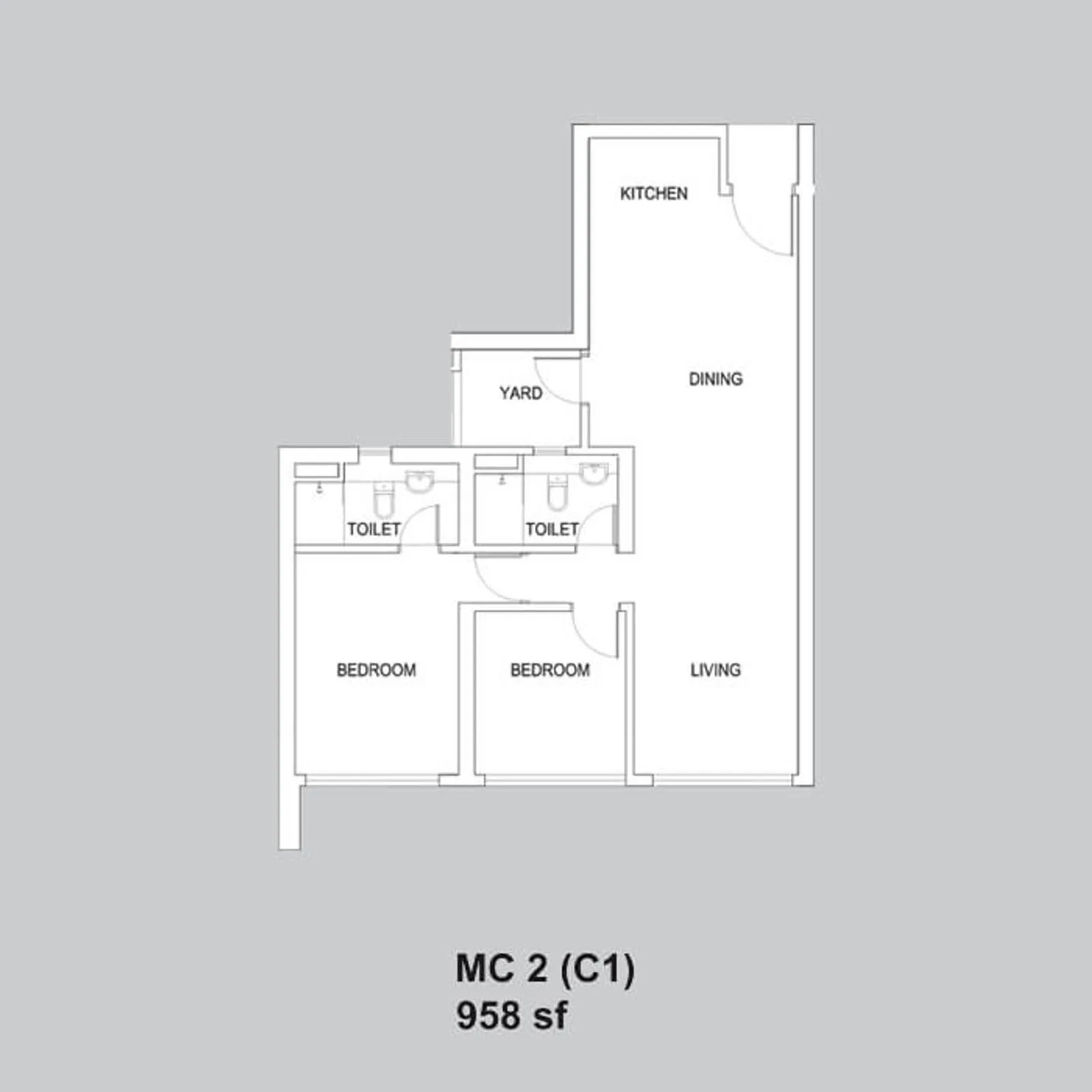 Setia Sky88 MC 2 (C1) official floor plan — 958 sq ft · 2 bed 2 bath