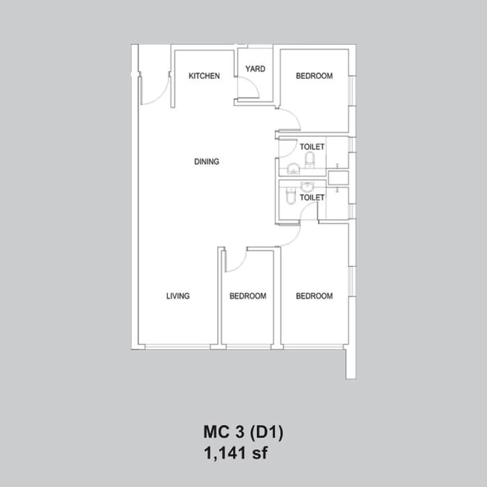 Setia Sky88 MC 3 (D1) official floor plan — 1,141 sq ft · 3 bed 2 bath