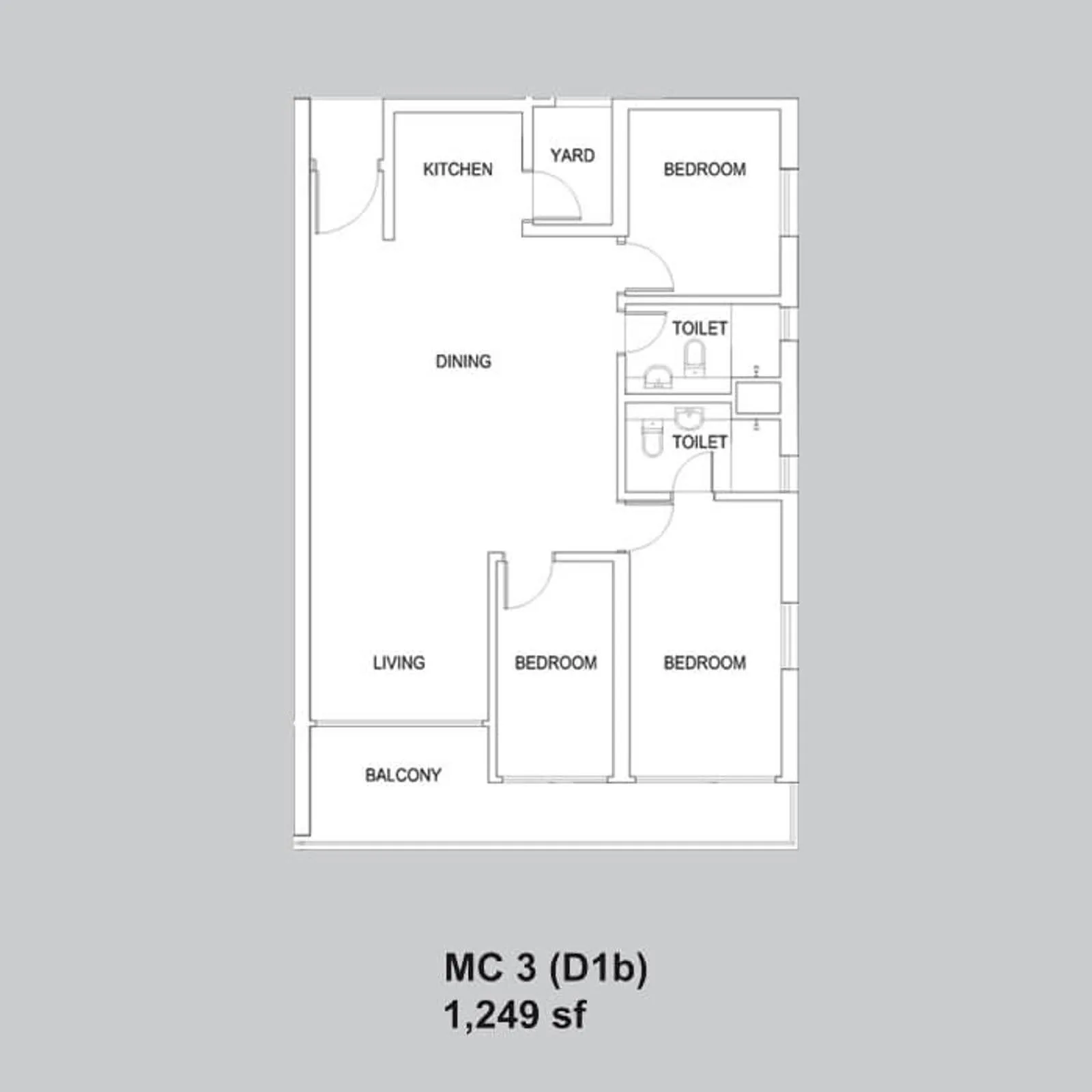 Setia Sky88 MC 3 (D1b) official floor plan — 1,249 sq ft · 3 bed 2 bath with balcony