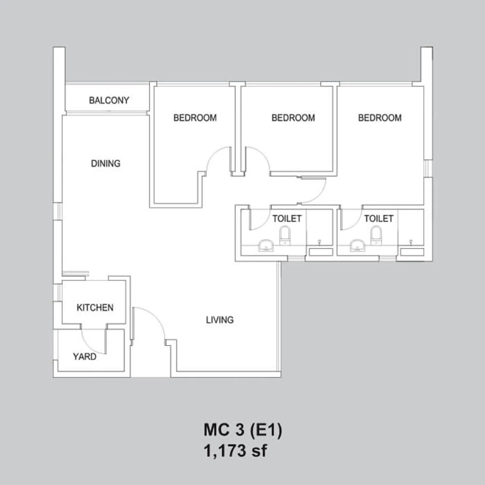 Setia Sky88 MC 3 (E1) official floor plan — 1,173 sq ft · 3 bed 2 bath