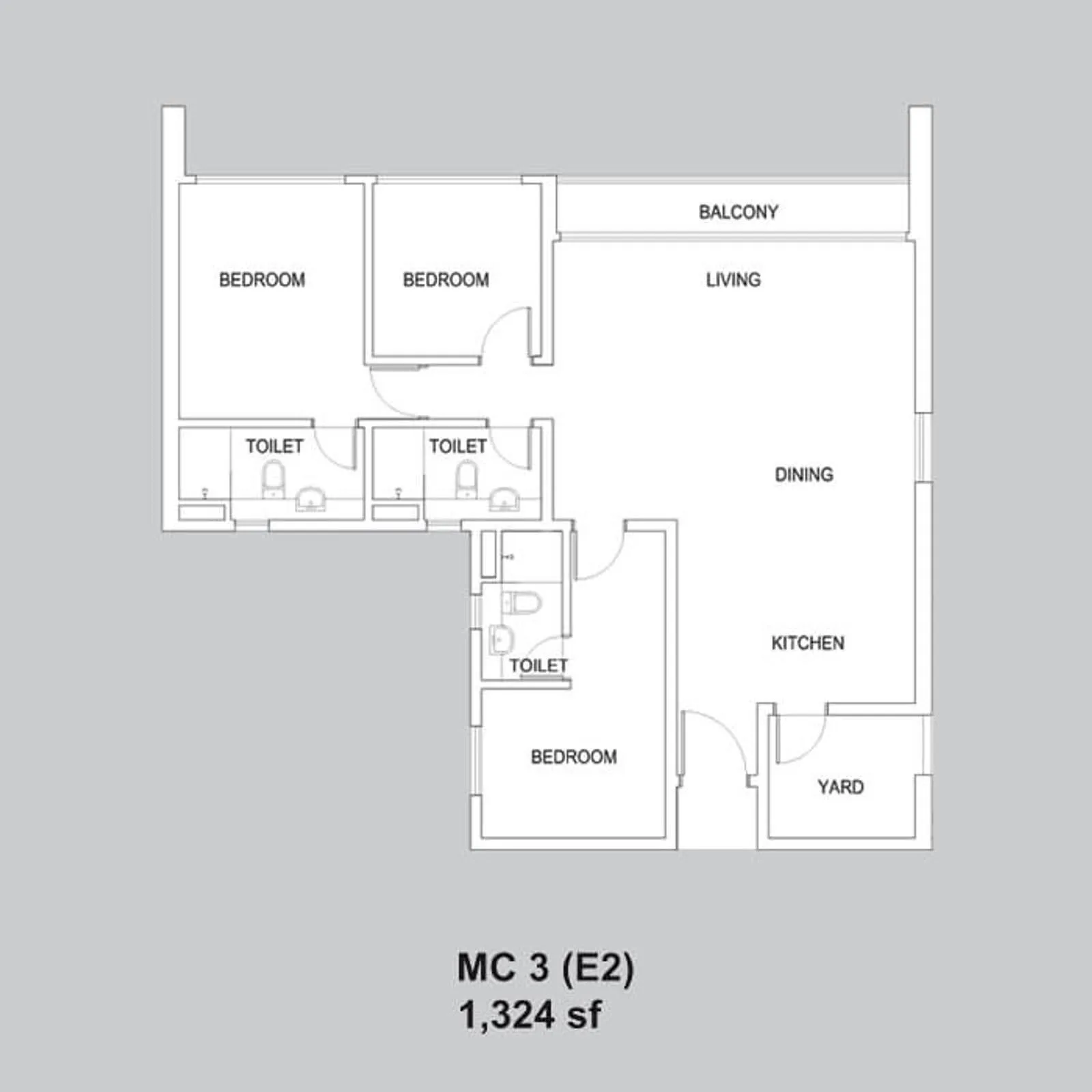 Setia Sky88 MC 3 (E2) official floor plan — 1,324 sq ft · 3 bed 3 bath