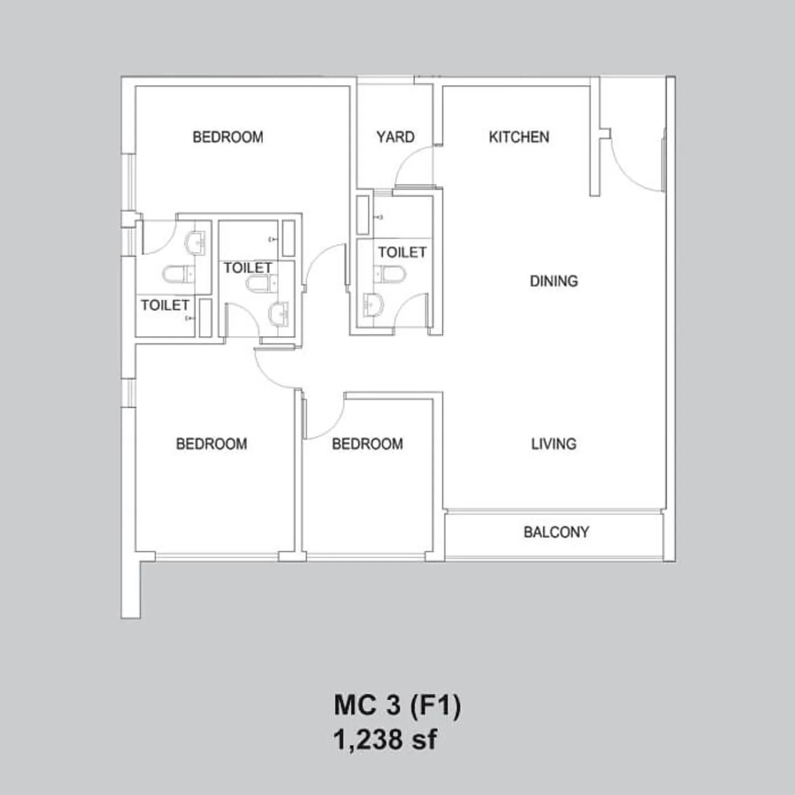 Setia Sky88 MC 3 (F1) official floor plan — 1,238 sq ft · 3 bed 3 bath