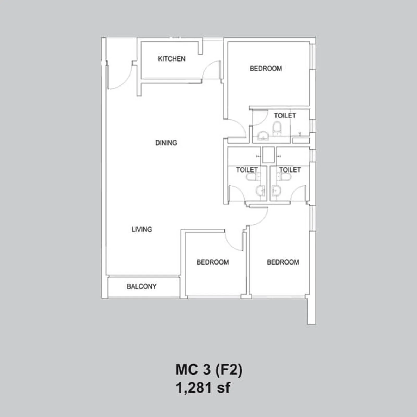 Setia Sky88 MC 3 (F2) official floor plan — 1,281 sq ft · 3 bed 3 bath