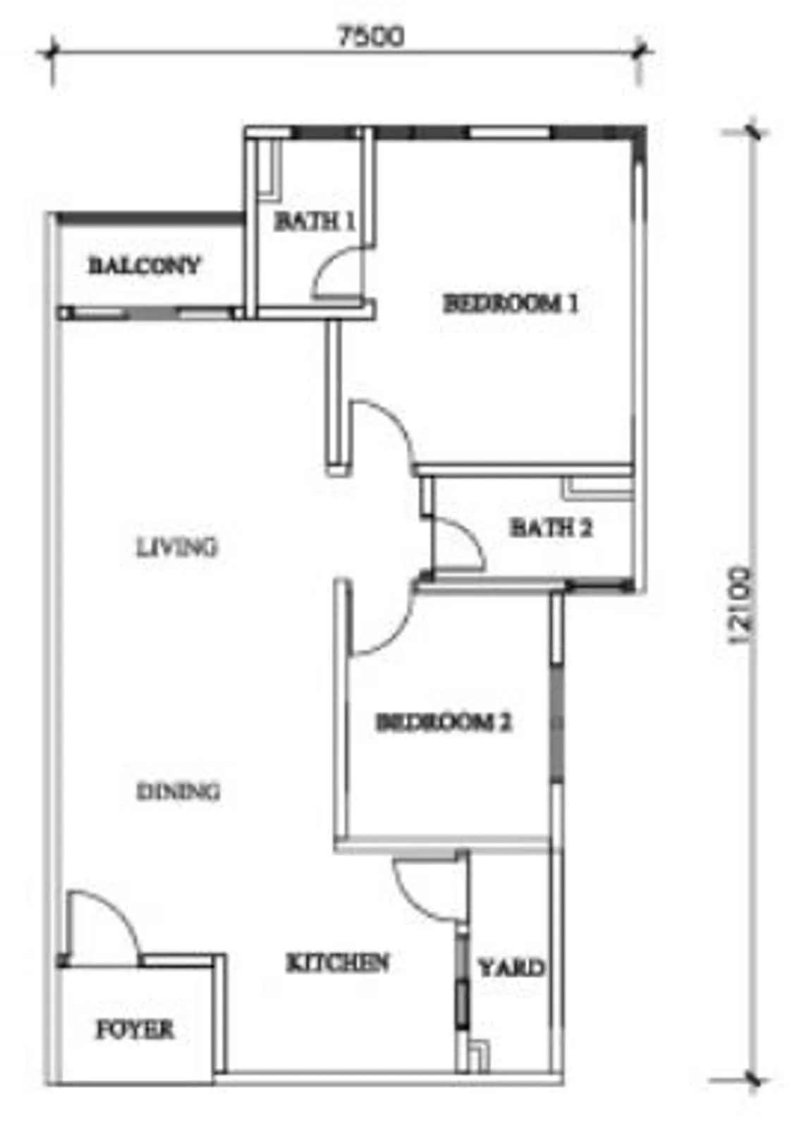 Sky Habitat @ Meldrum Hills official floor plan, layout 1 — 2 bed 2 bath · 7,500 × 12,100 mm