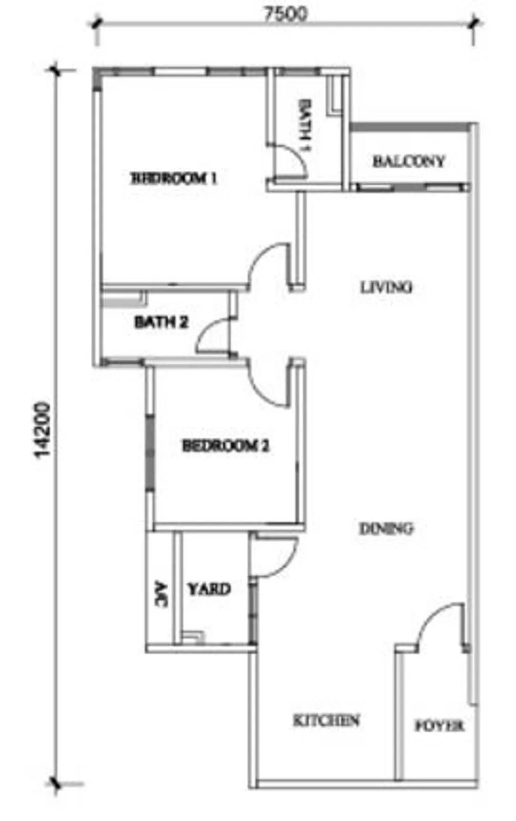 Sky Habitat @ Meldrum Hills official floor plan, layout 2 — 2 bed 2 bath · 7,500 × 14,200 mm