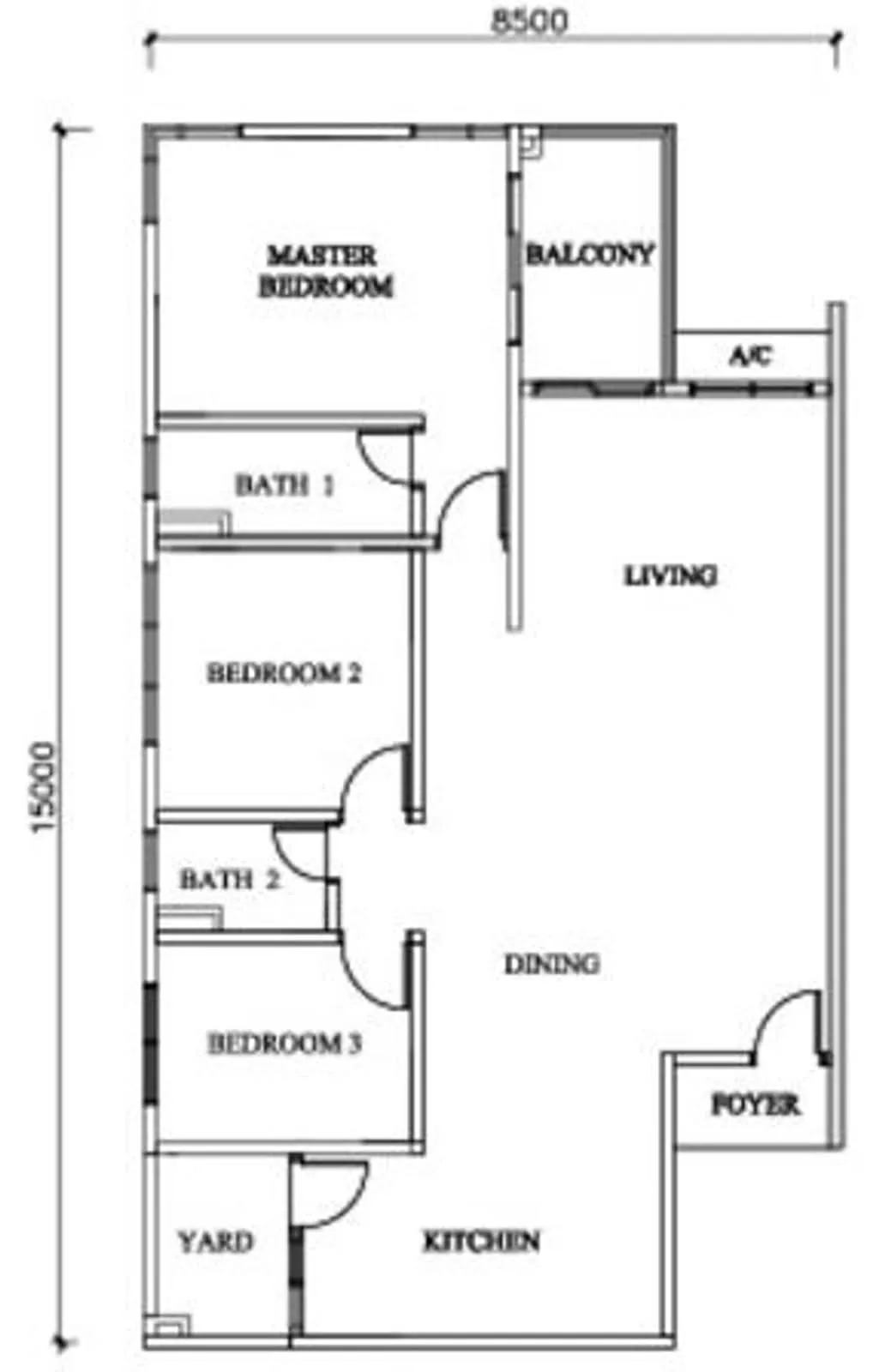 Sky Habitat @ Meldrum Hills official floor plan, layout 3 — 3 bed 2 bath · 8,500 × 15,000 mm