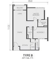 Sky View @ Bukit Indah Type B official floor plan — 871 sq ft · 2 bed 2 bath