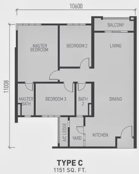 Sky View @ Bukit Indah Type C official floor plan — 1,151 sq ft · 3 bed 2 bath