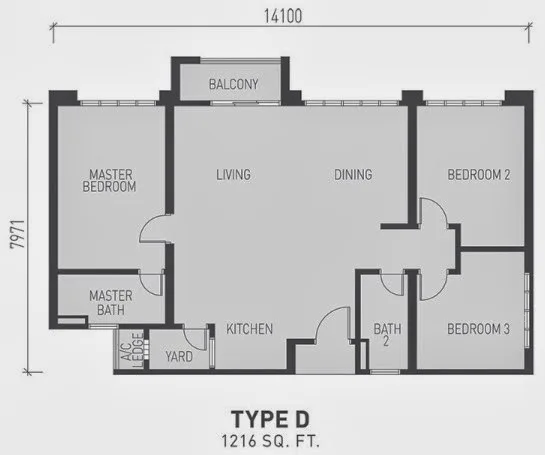 Sky View @ Bukit Indah Type D official floor plan — 1,216 sq ft · 3 bed 2 bath