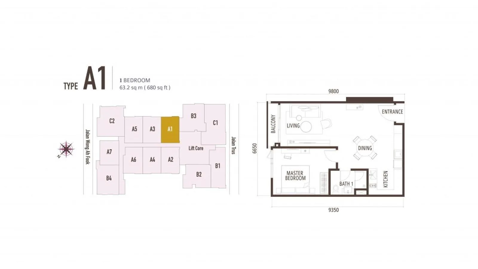 Suasana Iskandar Malaysia Type A1 official floor plan — 680 sq ft · 1 bed 1 bath