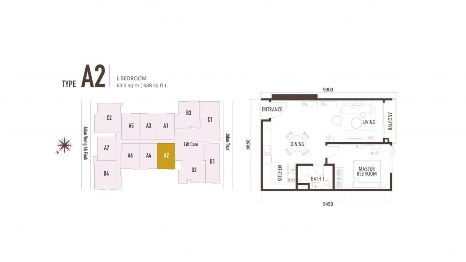 Suasana Iskandar Malaysia Type A2 official floor plan — 688 sq ft · 1 bed 1 bath
