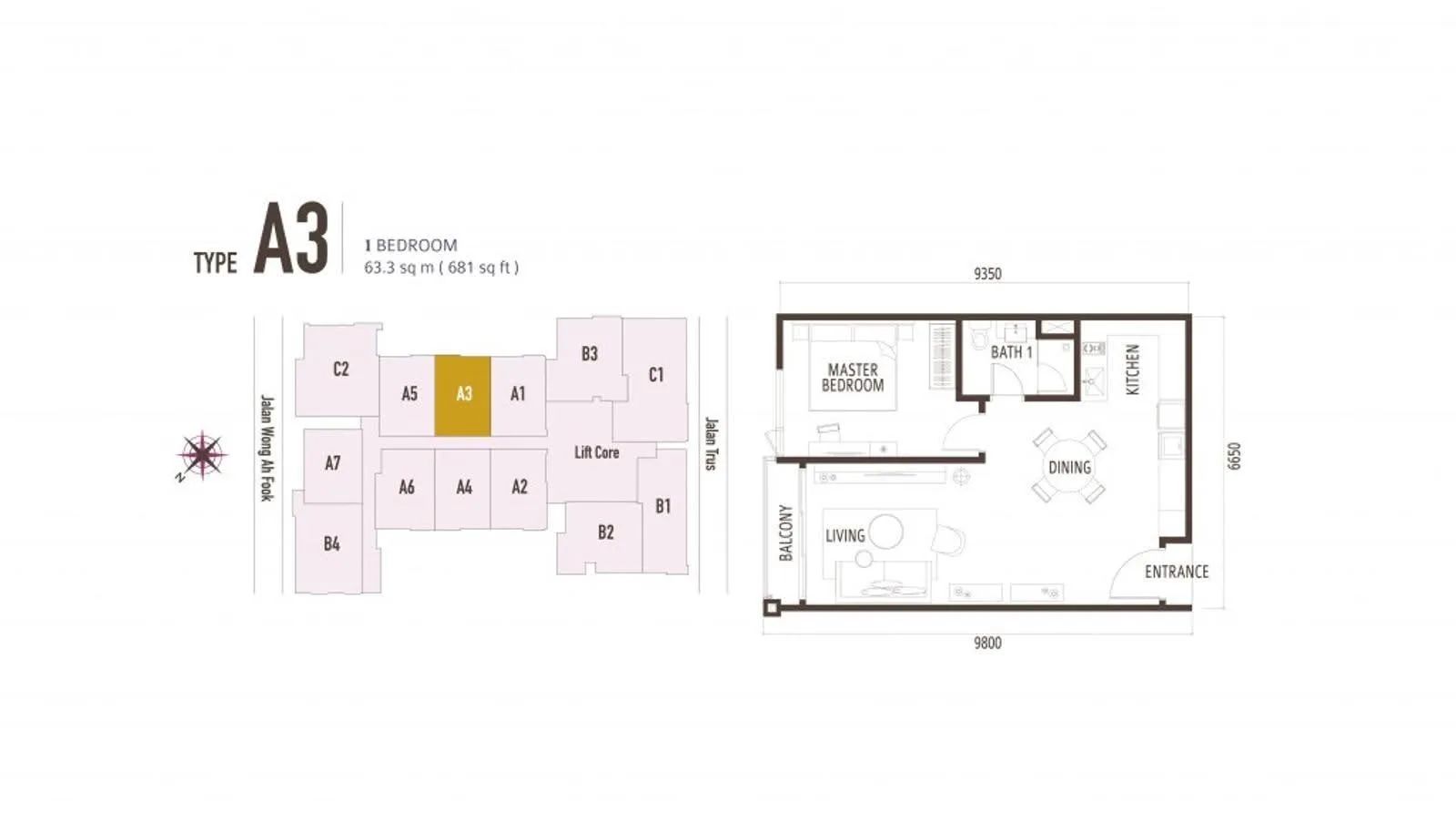 Suasana Iskandar Malaysia Type A3 official floor plan — 681 sq ft · 1 bed 1 bath