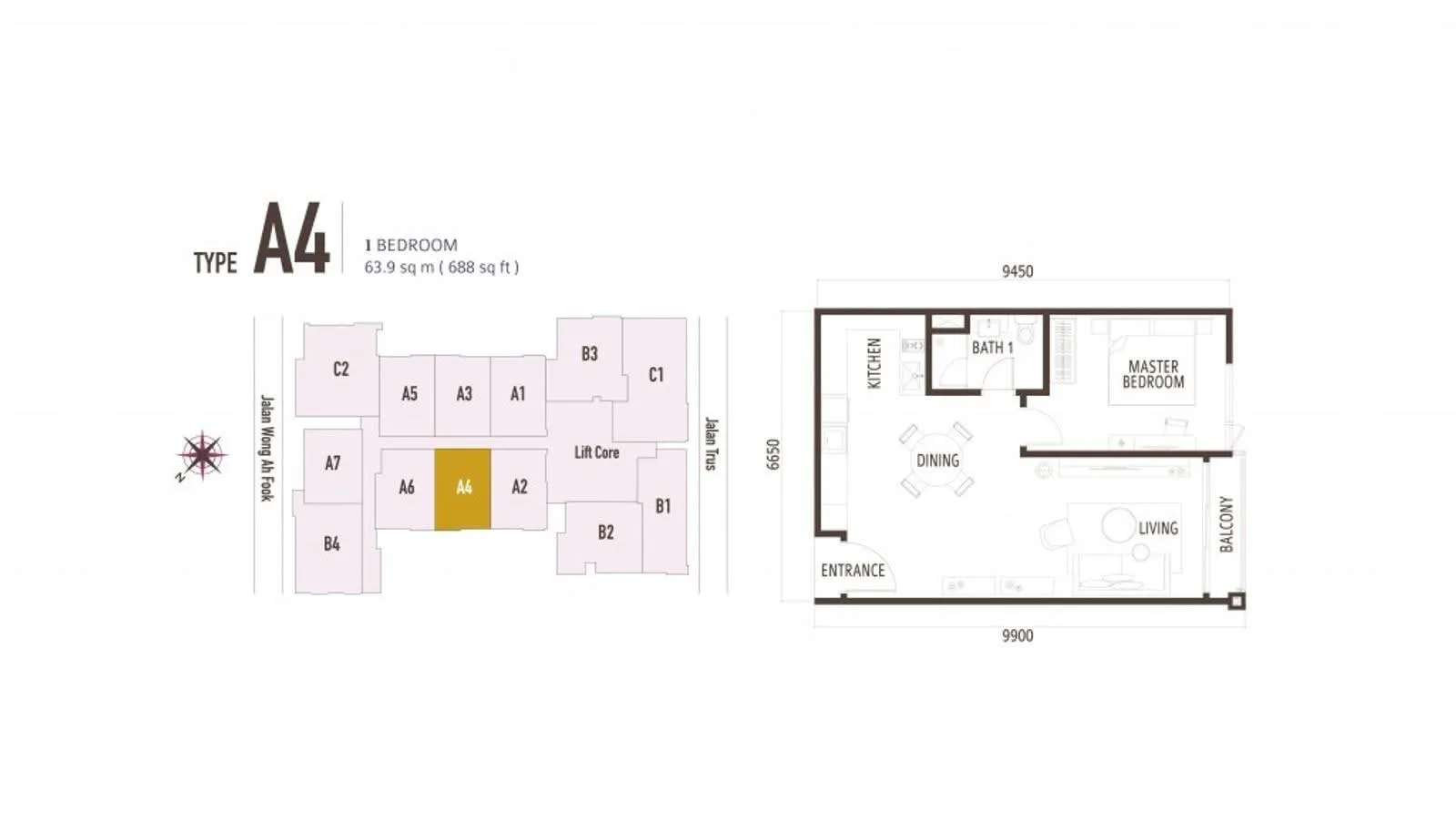 Suasana Iskandar Malaysia Type A4 official floor plan — 688 sq ft · 1 bed 1 bath