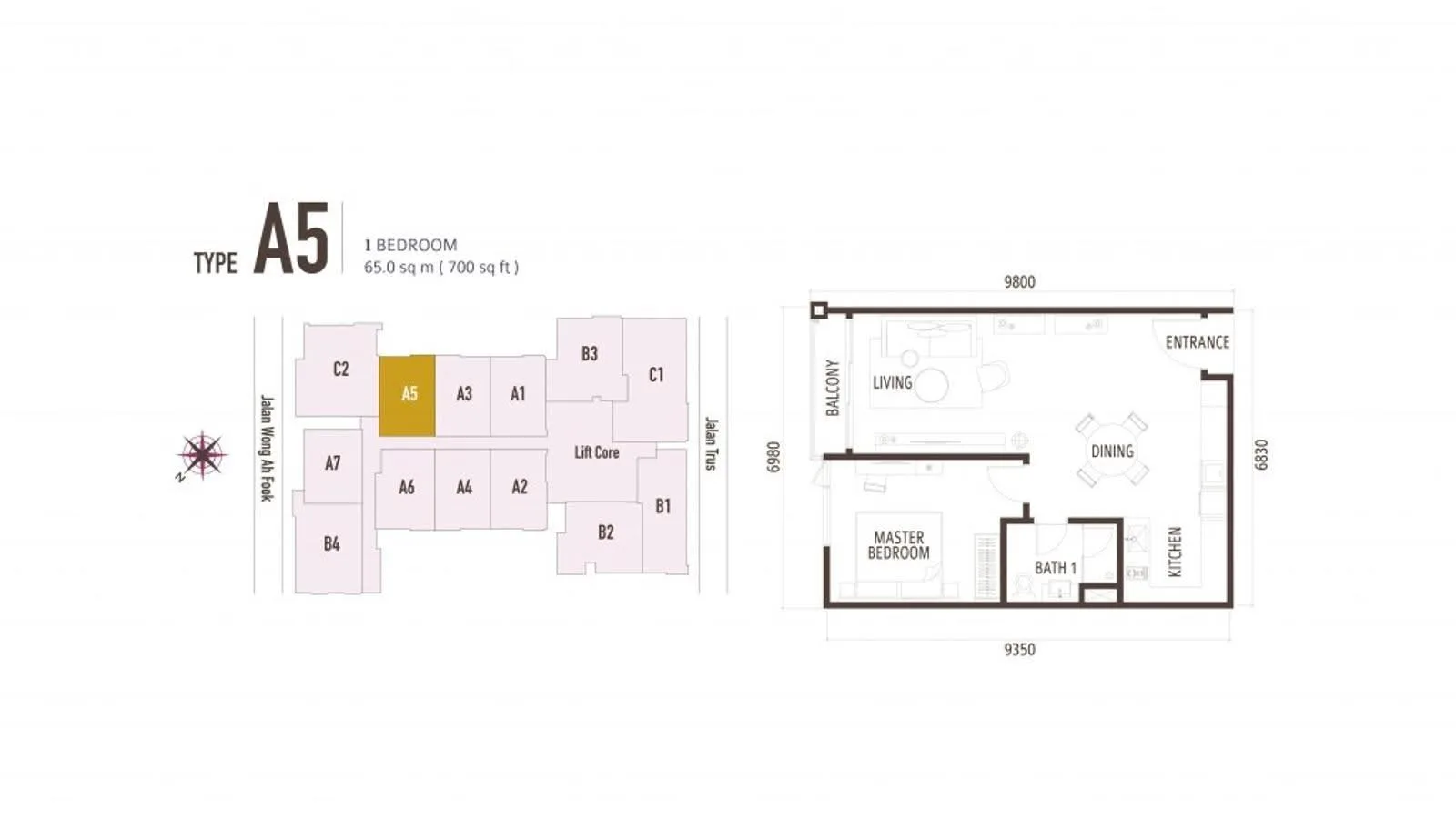 Suasana Iskandar Malaysia Type A5 official floor plan — 700 sq ft · 1 bed 1 bath