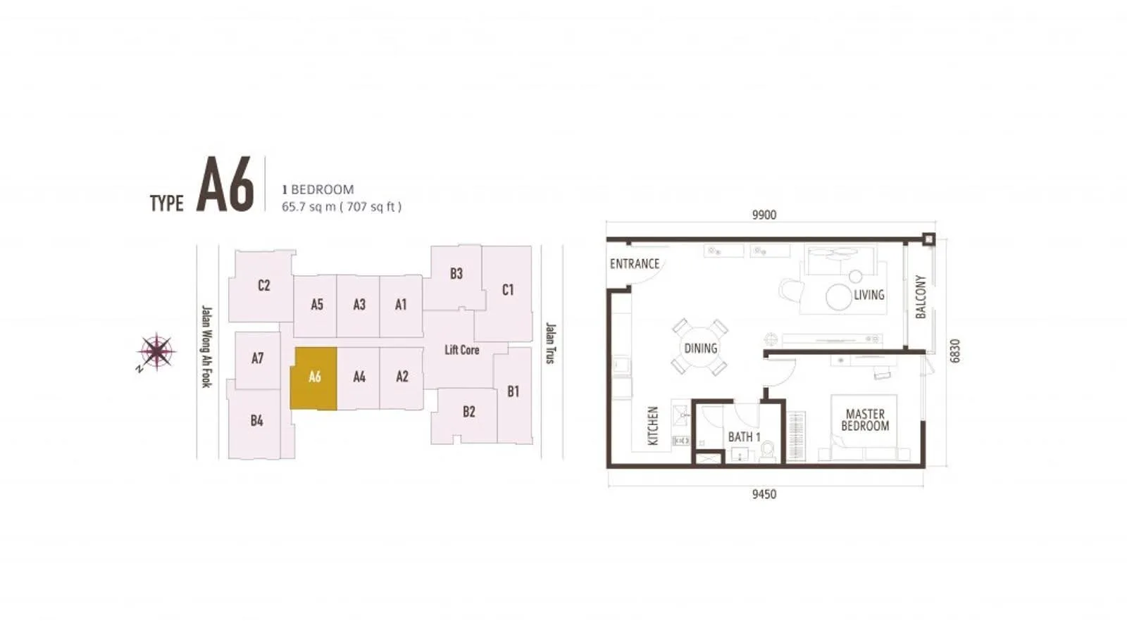 Suasana Iskandar Malaysia Type A6 official floor plan — 707 sq ft · 1 bed 1 bath