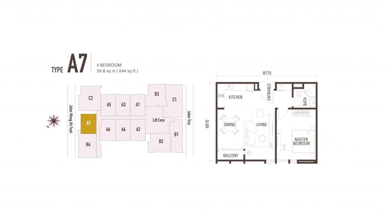 Suasana Iskandar Malaysia Type A7 official floor plan — 644 sq ft · 1 bed 1 bath