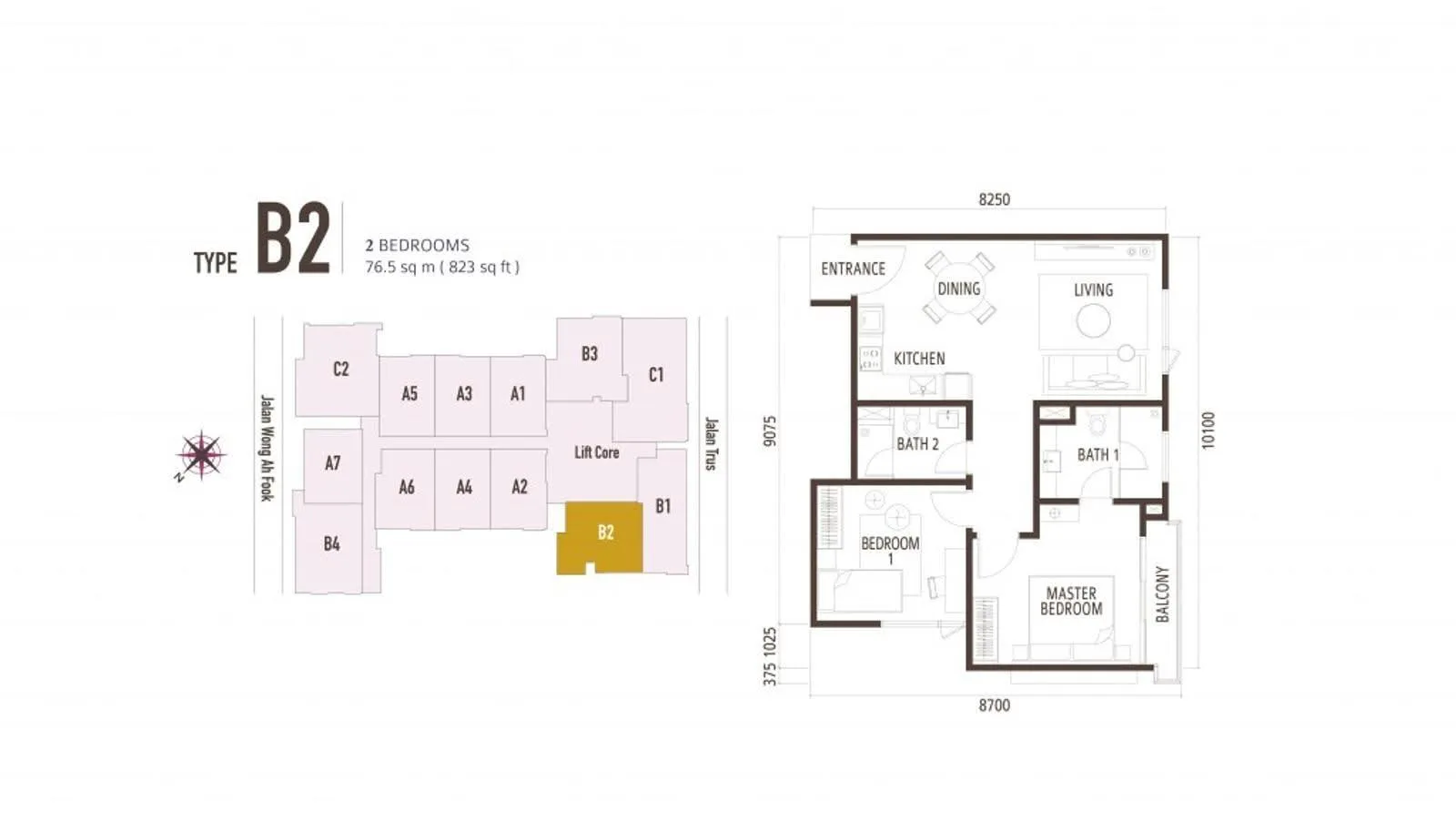 Suasana Iskandar Malaysia Type B2 official floor plan — 823 sq ft · 2 bed 2 bath
