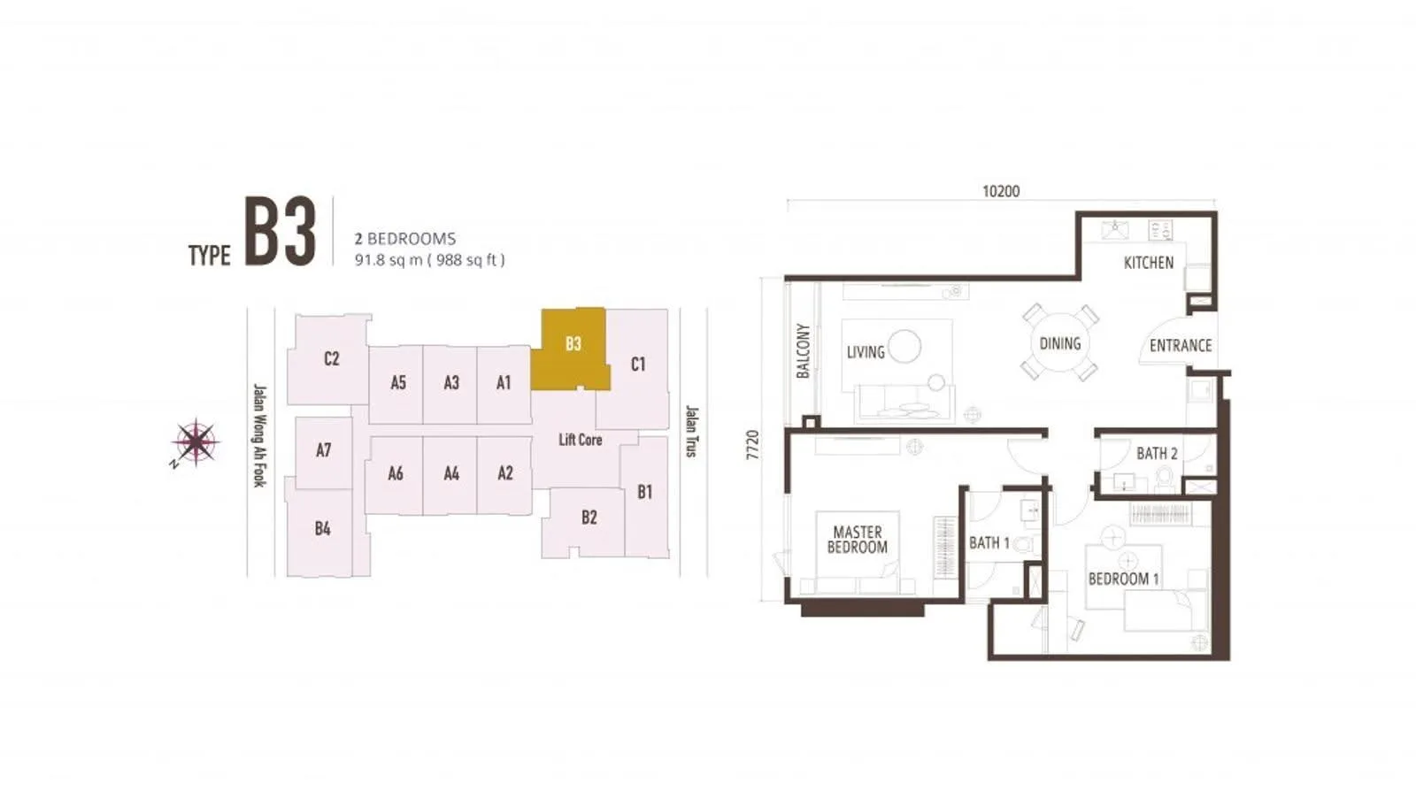 Suasana Iskandar Malaysia Type B3 official floor plan — 988 sq ft · 2 bed 2 bath