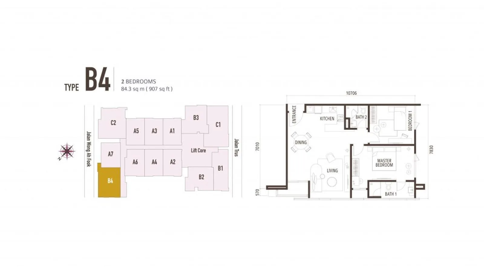 Suasana Iskandar Malaysia Type B4 official floor plan — 907 sq ft · 2 bed 2 bath