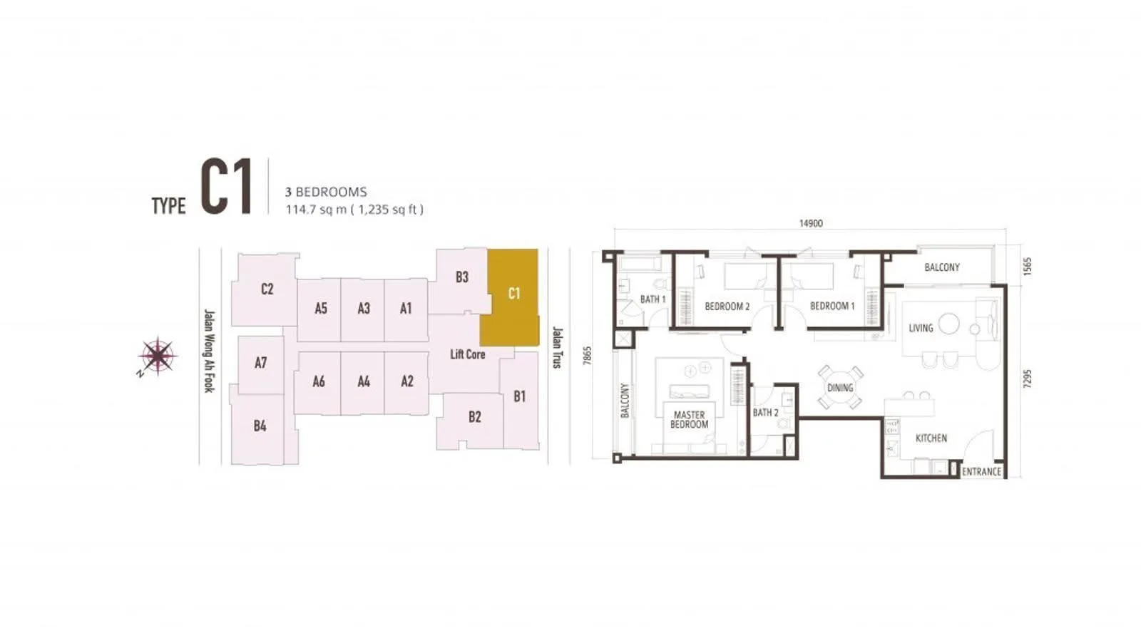 Suasana Iskandar Malaysia Type C1 official floor plan — 1,235 sq ft · 3 bed 2 bath
