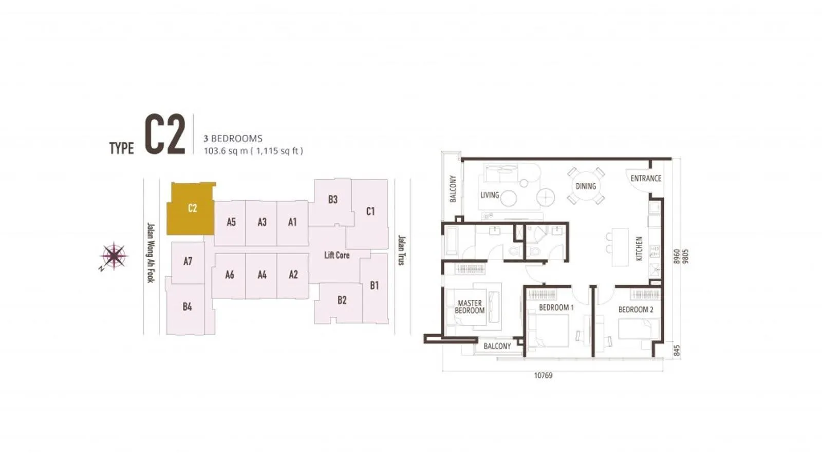 Suasana Iskandar Malaysia Type C2 official floor plan — 1,115 sq ft · 3 bed 2 bath