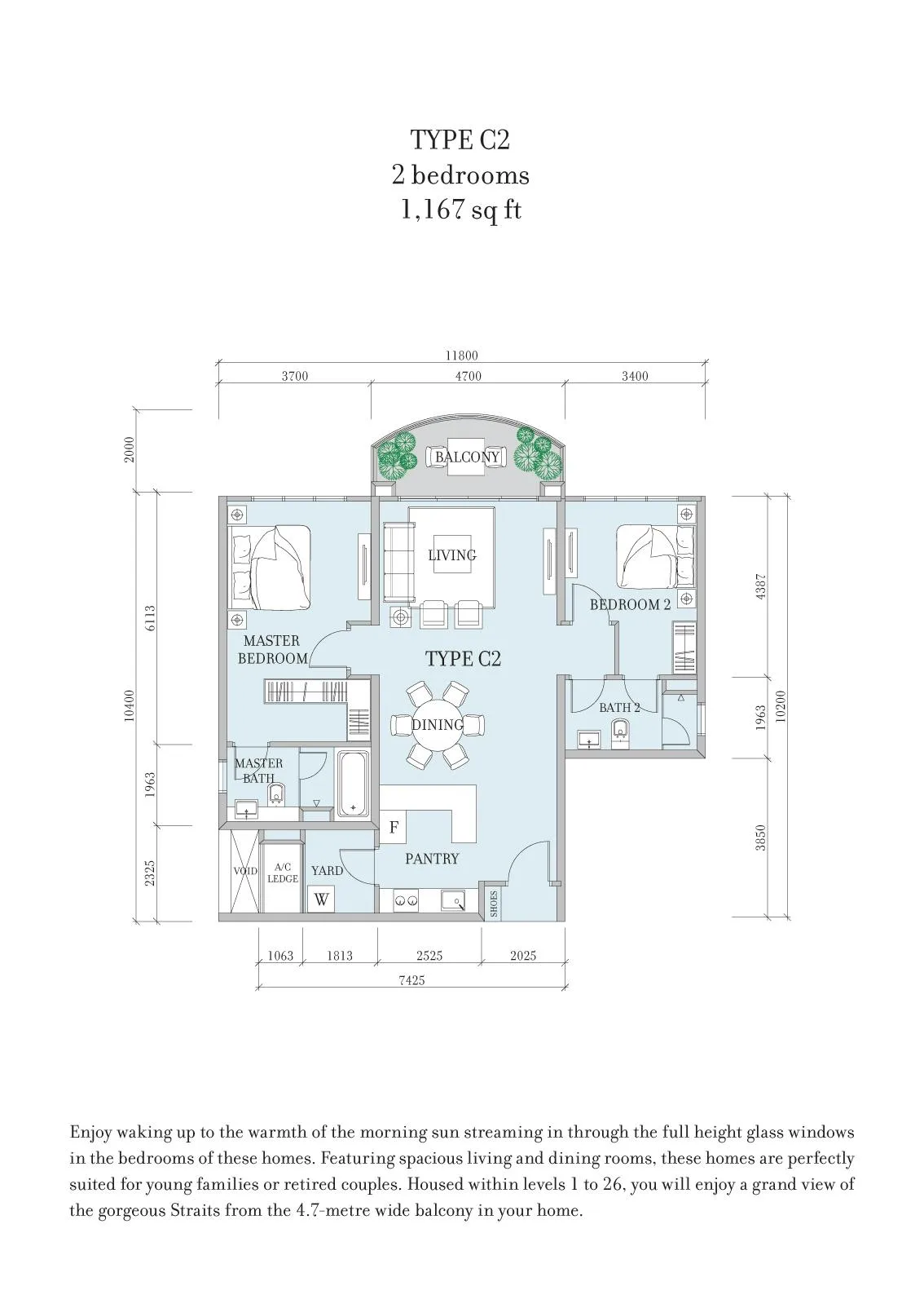 Teega Residence / Teega Suites Teega Residences Type C2 official floor plan — 1,167 sq ft · 2 bedrooms