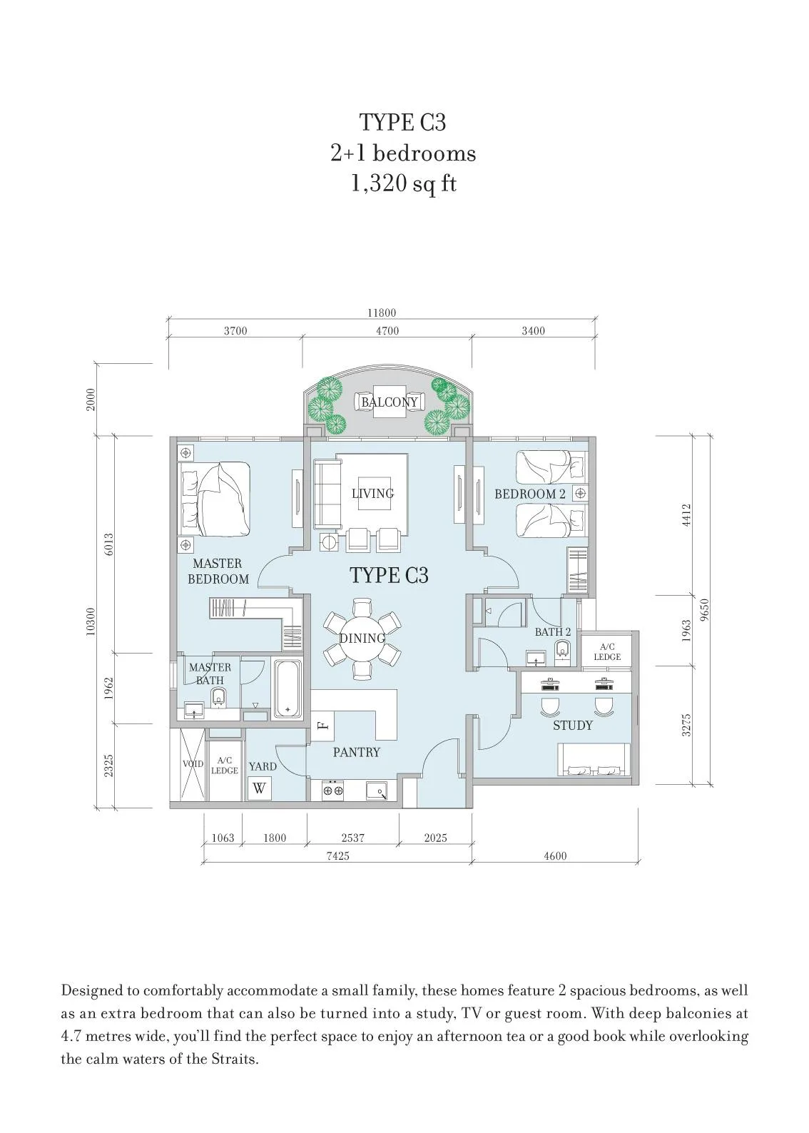 Teega Residence / Teega Suites Teega Residences Type C3 official floor plan — 1,320 sq ft · 2+1 bedrooms