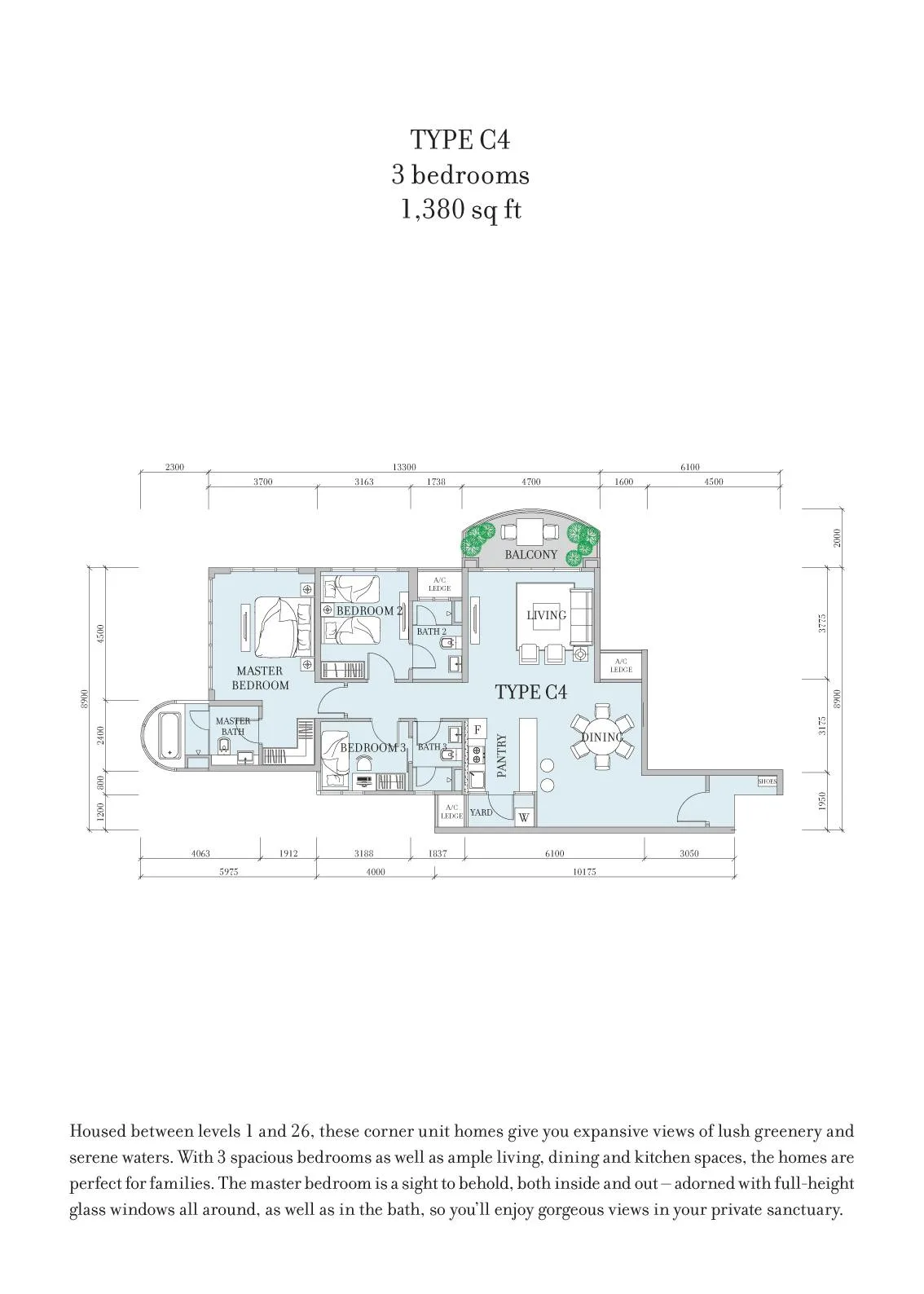 Teega Residence / Teega Suites Teega Residences Type C4 official floor plan — 1,380 sq ft · 3 bedrooms