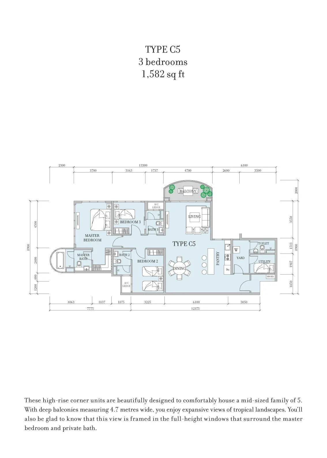 Teega Residence / Teega Suites Teega Residences Type C5 official floor plan — 1,582 sq ft · 3 bedrooms