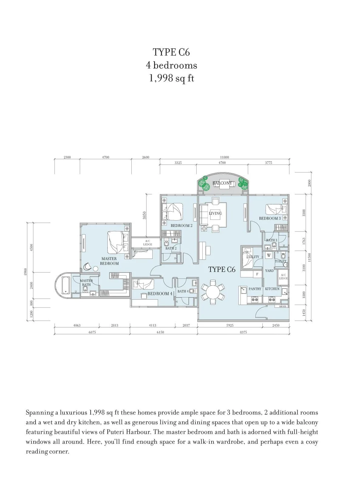 Teega Residence / Teega Suites Teega Residences Type C6 official floor plan — 1,998 sq ft · 4 bedrooms