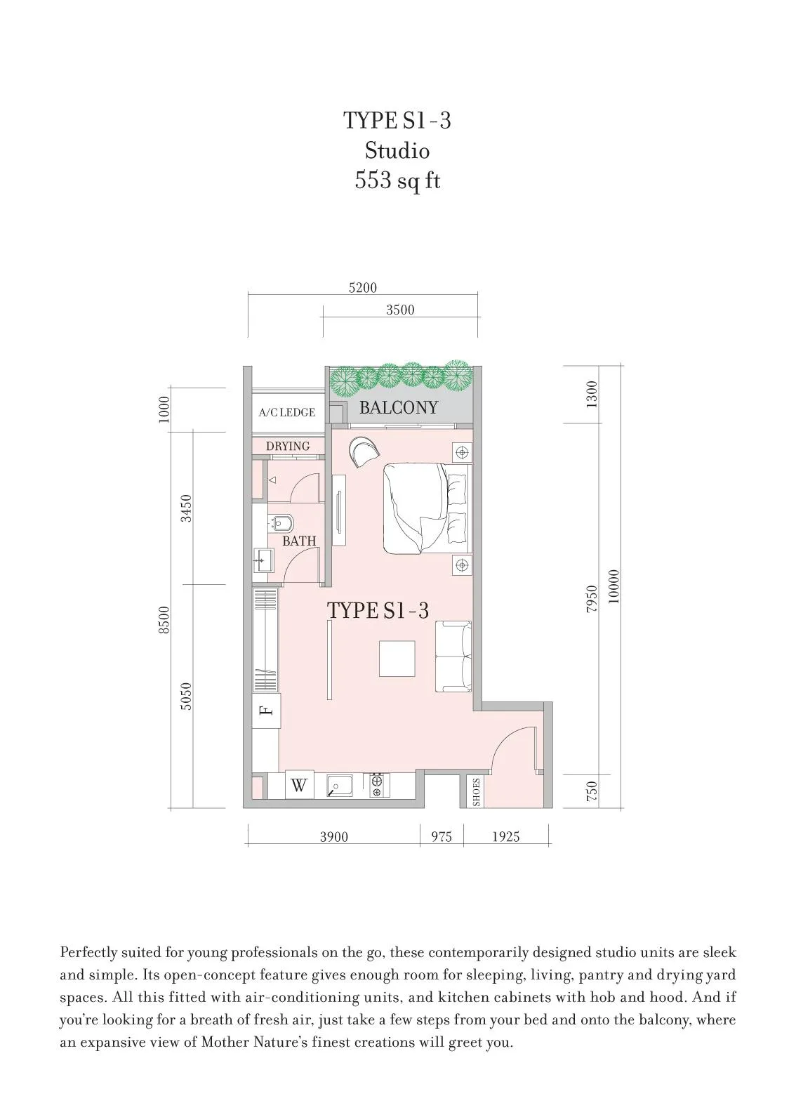 Teega Residence / Teega Suites Teega Suites Type S1-3 official floor plan — 553 sq ft · studio