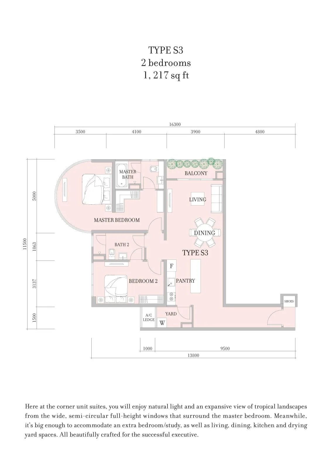 Teega Residence / Teega Suites Teega Suites Type S3 official floor plan — 1,217 sq ft · 2 bedrooms
