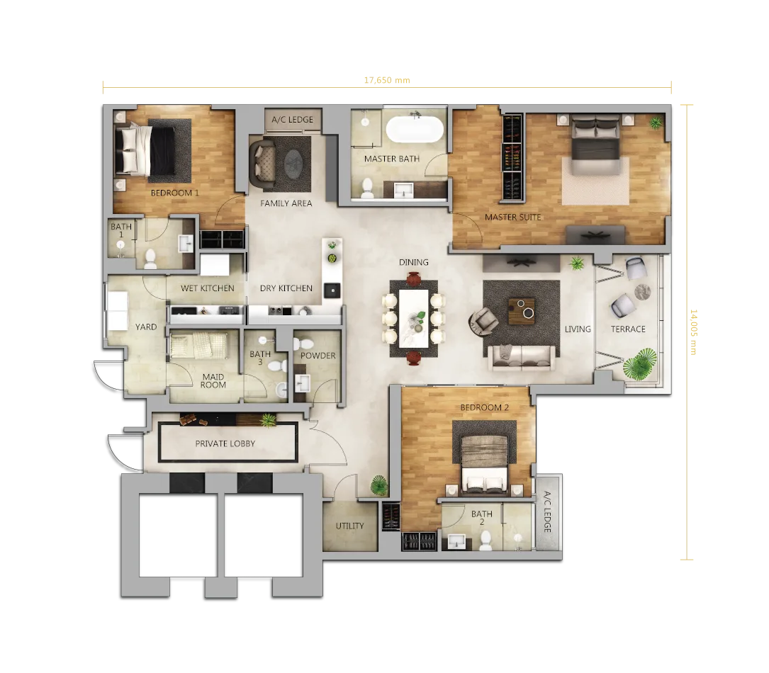 The Astaka @ One Bukit Senyum Type A1 official floor plan, 2,207 sq ft, three bedrooms and four bathrooms, Johor Bahru