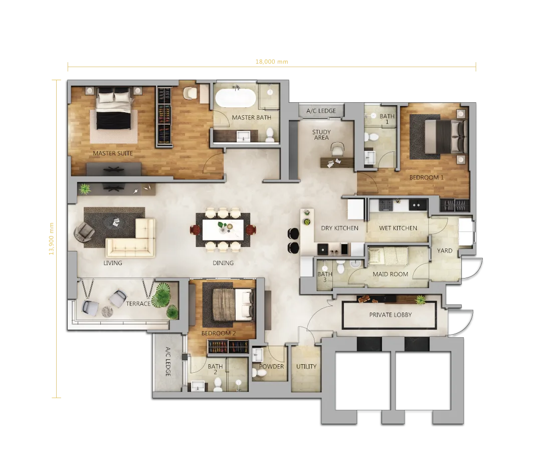 The Astaka @ One Bukit Senyum Type A2 official floor plan, 2,217 sq ft, three bedrooms and four bathrooms, Johor Bahru