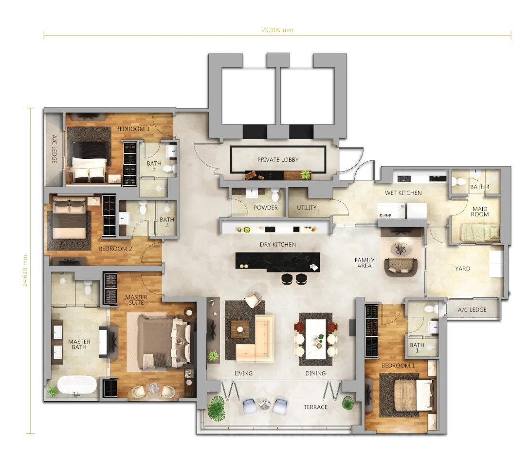 The Astaka @ One Bukit Senyum Type B official floor plan, 2,659 sq ft, four bedrooms and five bathrooms, Johor Bahru
