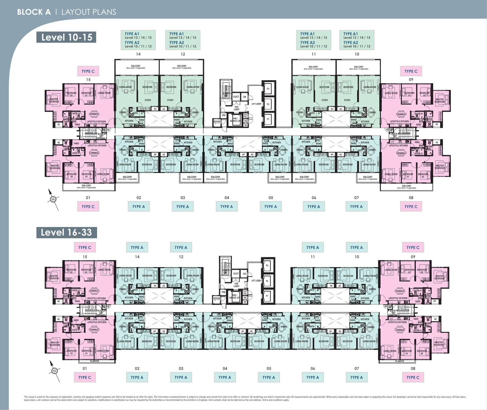 Meridin Suites @ The Meridin Type A / A1 / A2 / B / C 官方户型平面图 — Mah Sing 官方电子宣传册第 5 页:Type A 1 房 521 尺、A1 661 尺、A2 783 尺、Type B 2 房 1,014 尺、Type C 3 房 1,064 尺