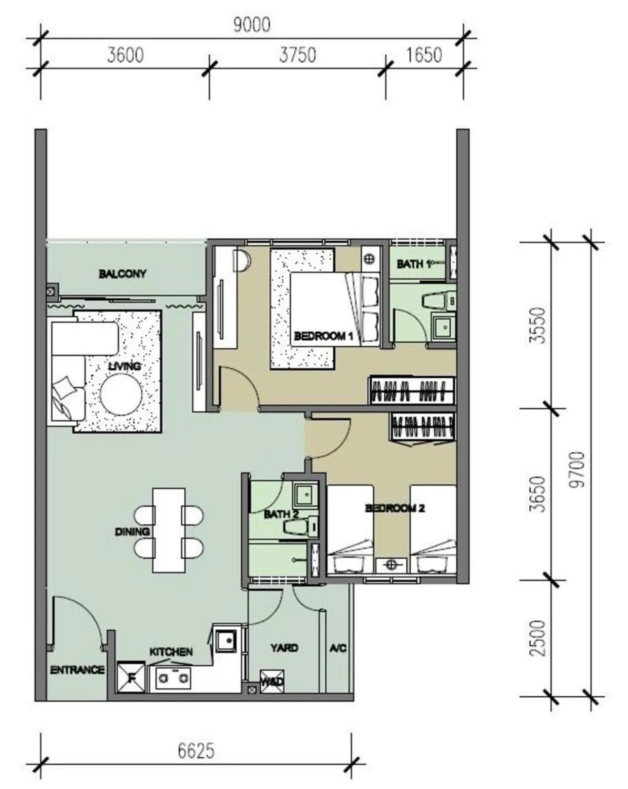 The Raffles Suites official floor plan, layout 1 — 2 bed 2 bath · 9,000 × 9,700 mm